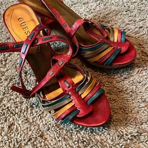 Pre Owned Guess Leather  MultiColored Wedge Heel Size 8 M No Box